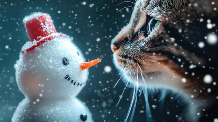 Obraz premium A close-up view of a cat inquisitively examining a small, charming snowman in a wintry setting, illustrating curiosity during gentle falling snowflakes.