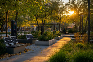 Sunlight gently illuminates a peaceful park with solar panels and well-maintained greenery