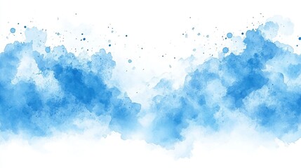Abstract blue watercolor background with splashes of paint on a white backdrop.