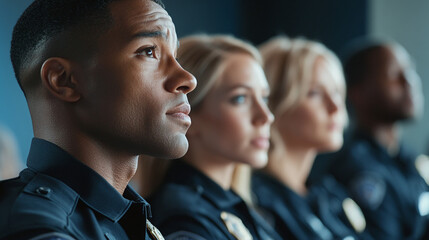 A Group of Police Officers Attentively Listening During a Training Session, Focusing on Professional Development and Teamwork in a Well-Lit Classroom Setting