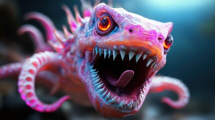 A vivid and imaginative creature with spiked features and glowing orange eyes presents a captivating and bizarre aquatic form, evoking awe and creativity.