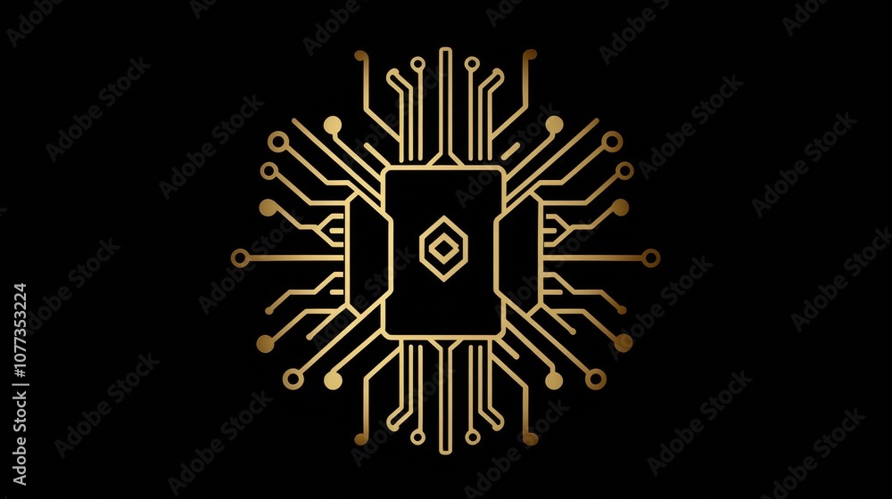 Poster the golden microchip design features intricate digital traces, symbolizing the advanced technology o