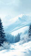 Fototapeta premium Watercolor style, idyllic winter landscape with snow covered hills and trees. Beautiful winter landscape with mountains, cold temperature. Wilderness, environment, no houses or industry.