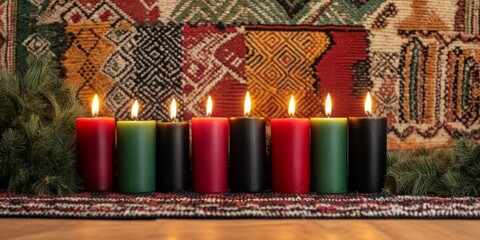 Warm Kwanzaa celebration setup featuring kinara with traditional candles and African textile patterns