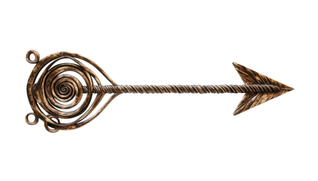 Spiral arrow design, artistic metallic texture, isolated on white background.