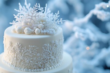 winter wedding cakes, a stunning winter wedding cake with snowflake patterns, surrounded by frosty branches and icy decorations for an elegant touch