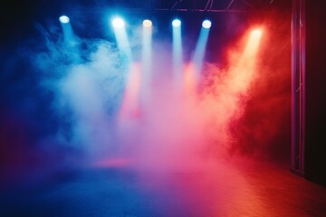Naklejka premium Colorful stage lights illuminating foggy concrete, cinematic, moody, dramatic, colorful
