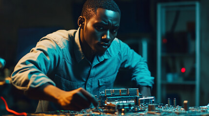 A Focused Technician Repairs Electronic Equipment in a Dim Workshop Filled With Tools and Components During a Late Evening Session