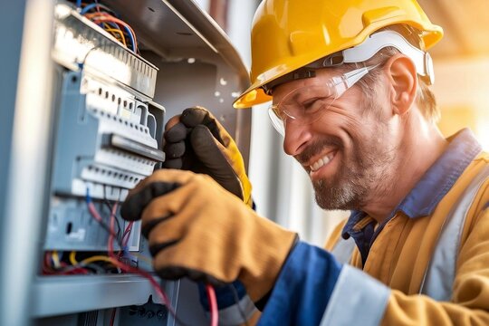 electrician at work with friendly smile