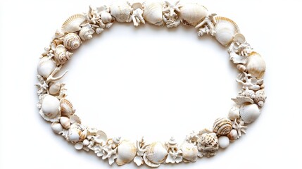 Obraz premium Seashell wreath: coastal decor with assorted shells and starfish for nautical themed interiors
