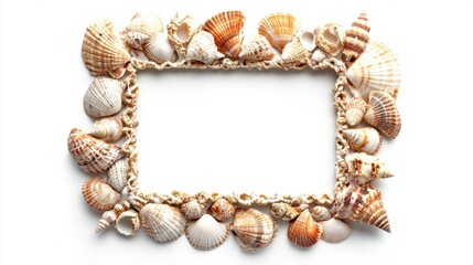 Obraz premium Decorative seashell frame with varied shells on a white background