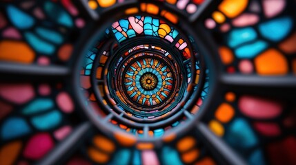 This image features a vibrant spiral made of colorful stained glass, showcasing intricate patterns in a kaleidoscopic view that draws the eye inward with depth and style.