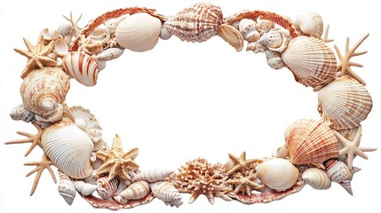 Obraz premium Seashells and starfish frame: coastal beach theme with marine shells and coral decor