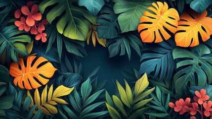 A vibrant arrangement of tropical leaves and colorful flowers, creating a lush, serene backdrop with rich greens and pops of orange and red.