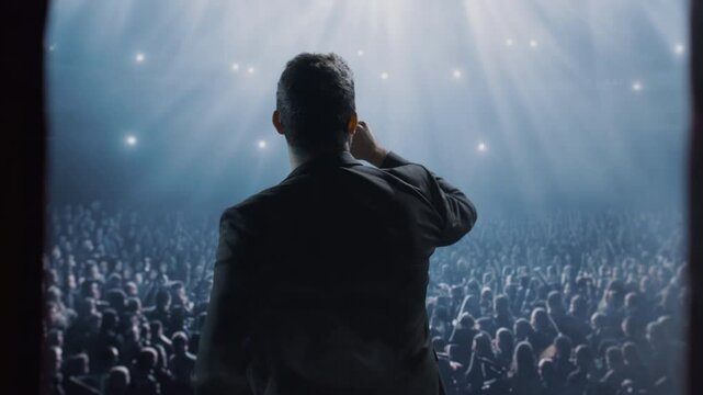 Silhouetted Public Speaker On Stage Addressing Large Concert Arena Crowd Spotlight Success