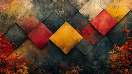 A textured backdrop featuring geometric shapes in warm hues of red, yellow, and gray, complemented by an organic, painterly finish.