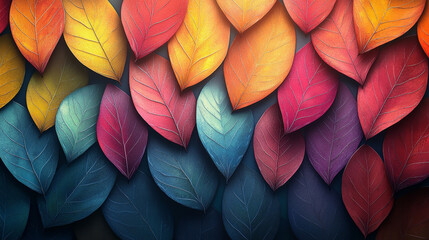 A colorful arrangement of leaves in various shades, showcasing vibrant hues and textures, creating a visually appealing pattern.