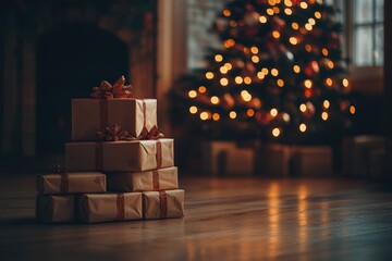 holiday gift wrapping, christmas presents piled under a glowing tree with warm hardwood floor, providing room for festive messages