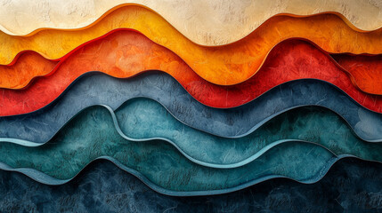 A colorful abstract artwork featuring layered, wavy patterns in vibrant colors like orange, teal, and red against a textured background.