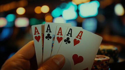 A royal flush poker hand held by a player in a casino  the background blurred to focus on the cards and chips
