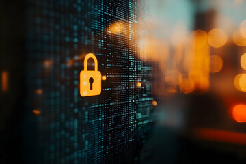 Glowing padlock illuminates a backdrop of binary data in a bustling city environment at twilight
