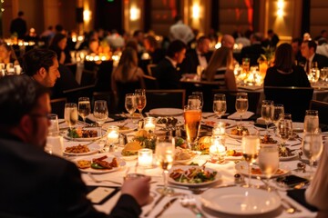 Elegant Business Networking Dinner with Attendees Engaged in Conversations and Connections