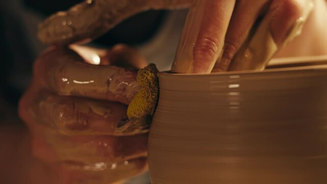 Woman potter works with clay on master class in studio. Working process in ceramic workshop. Potter making vase on pottery wheel. Handmade concept. 