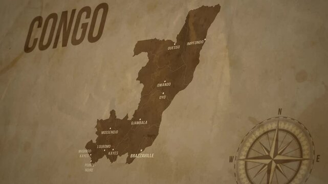 Vintage CONGO Map with Zoom Up Animation Isolated on Old Background
