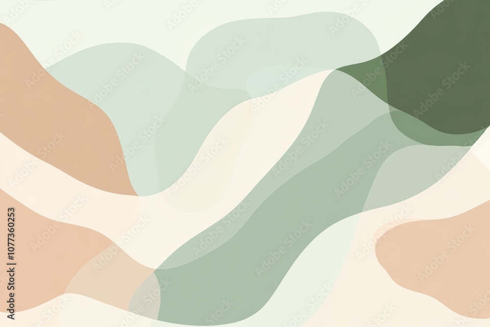 Poster soft hues of green, peach, and cream intertwine, forming fluid shapes that evoke a sense of calm and