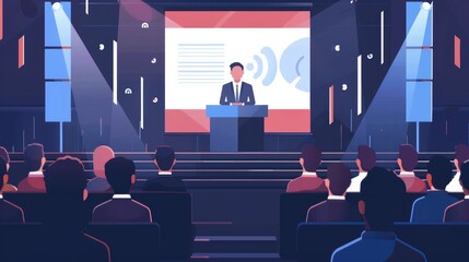 CEO Presenting Annual Report in Auditorium with Multimedia and Live Q&A Session