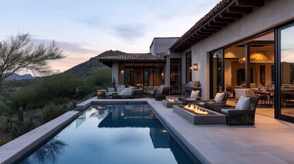Fototapeta premium Luxury outdoor patio with infinity pool, modern seating, fire pits, and mountain view at dusk