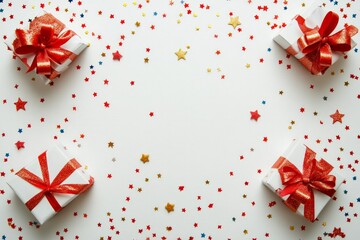 white background with red and gold ribbon gifts, stars and confetti on the sides, christmas