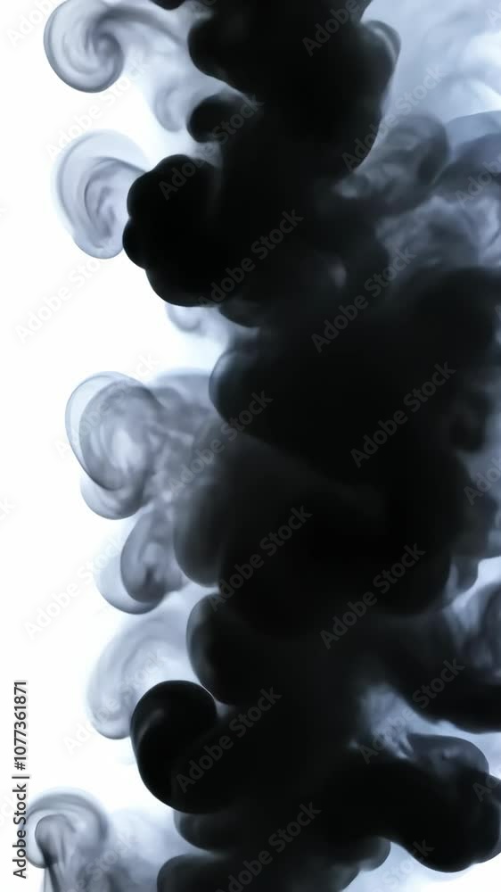Poster black ink swirls and dances in a white background, creating abstract patterns