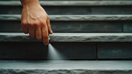 A worker uses high-pressure water to clean outdoor stone stairs, showcasing modern cleaning technology in action