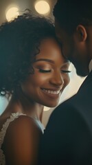 Portrait of a bride and groom embracing on their wedding day	