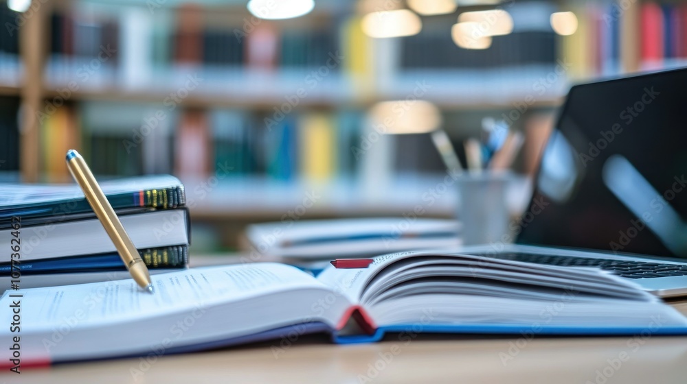 Poster open textbook on a desk with a pen and blurred background of a library and laptop