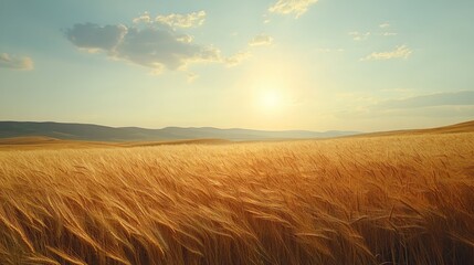 Obraz premium Golden wheat field at sunset with rolling hills in the distance.