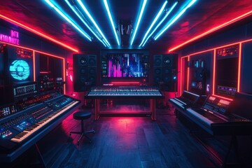 Obraz premium a huge futuristic music studio, cyber punk neon style