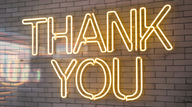 A bright yellow neon sign displays the words 'Thank You' against a textured brick wall, creating a warm and inviting atmosphere.