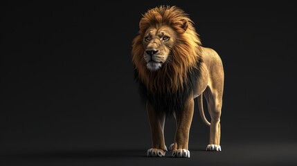 A majestic lion with a thick mane stands against a black background.