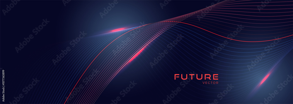 Poster dark blue technology background with pink and blue wavy lines. digital hi-tech vector banner with dy