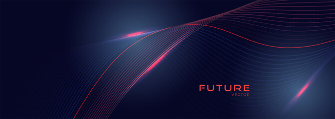 Dark blue technology background with pink and blue wavy lines. Digital hi-tech vector banner with dynamic striped waves.