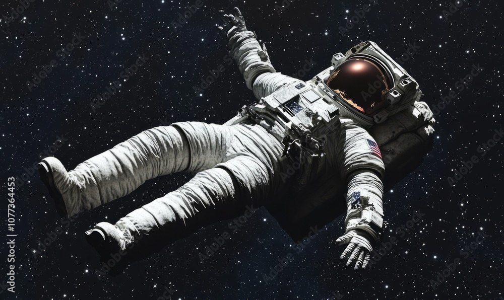 Poster 3d render of an astronaut lost in space falling and floating adrift.