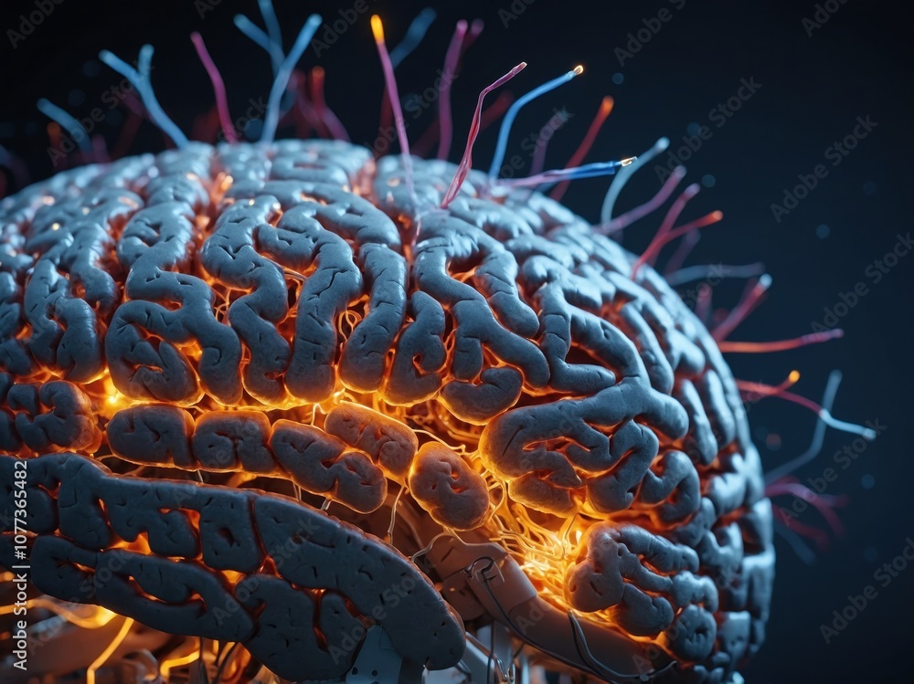 Poster detailed image of a digital brain model with glowing neural connections
