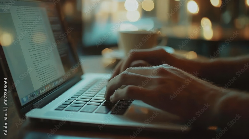 Poster close-up of hands typing on a laptop keyboard with blurred background