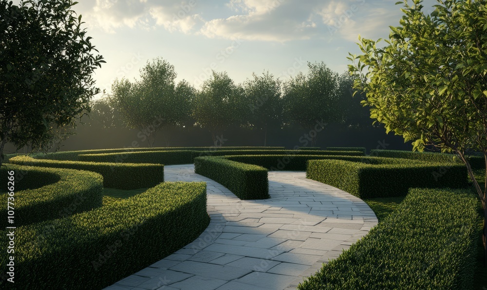 Poster 3d rendered image depicting a pathway through a maze