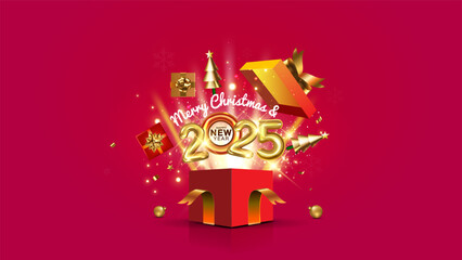 Fototapeta premium Open red gift box with merry christmas elements and new year 2025. Sale offer promotional background.