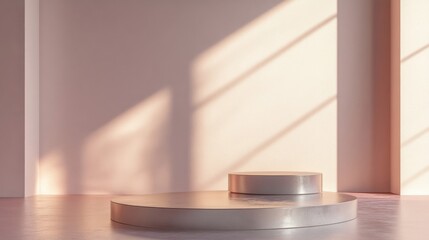 Obraz premium Two Circular Metallic Platforms Against a Pink Wall With Sunlight Streaming In