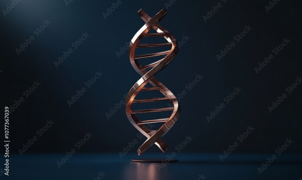 Poster a 3d rendering of a dna double helix made of copper against a dark blue background with bokeh