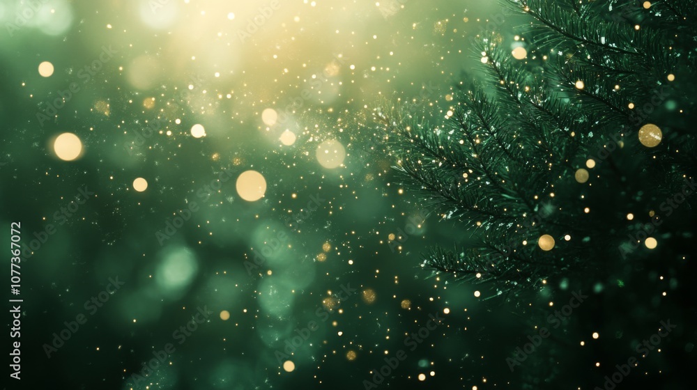 Poster delicate bokeh lights shimmer in the air, as snowflakes softly fall amidst evergreen trees in a wint